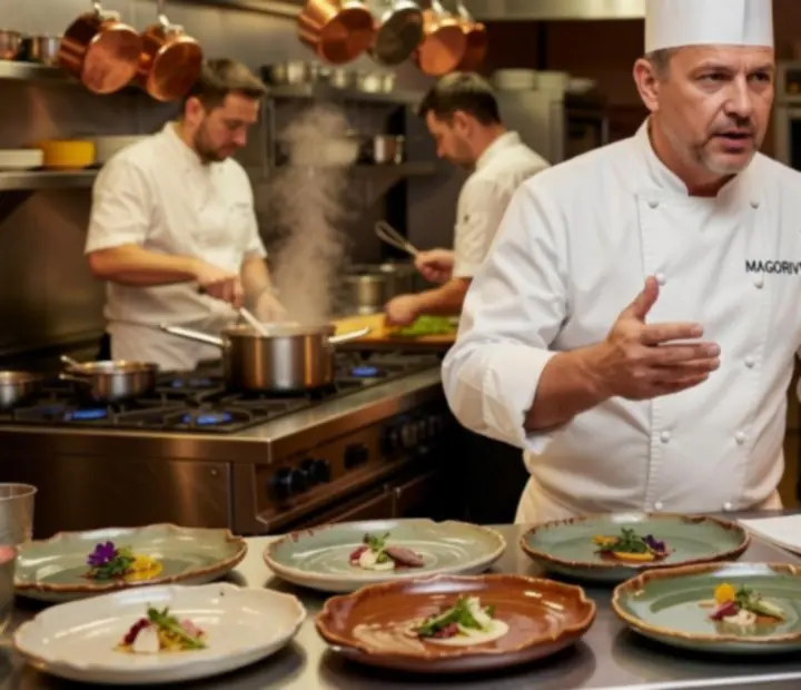 Executive Chef tálal egy fine dining fogást nyitott konyhában, háttérben elegáns éttermi részlettel.