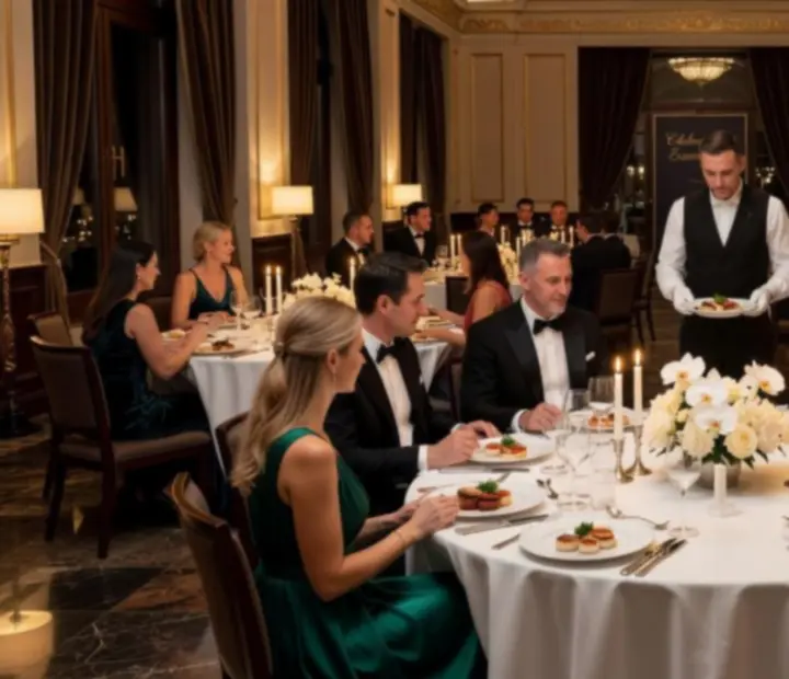 Elegáns, gyertyafényes privát vacsora és kaszinó est a Magorivexben, vendégekkel a rulettasztalnál.