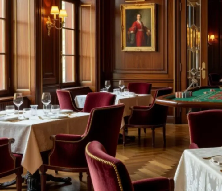 Napfényes budapesti fine dining étterem belső térrel és félhomályos rulettasztallal a szomszédos privát szalonban.