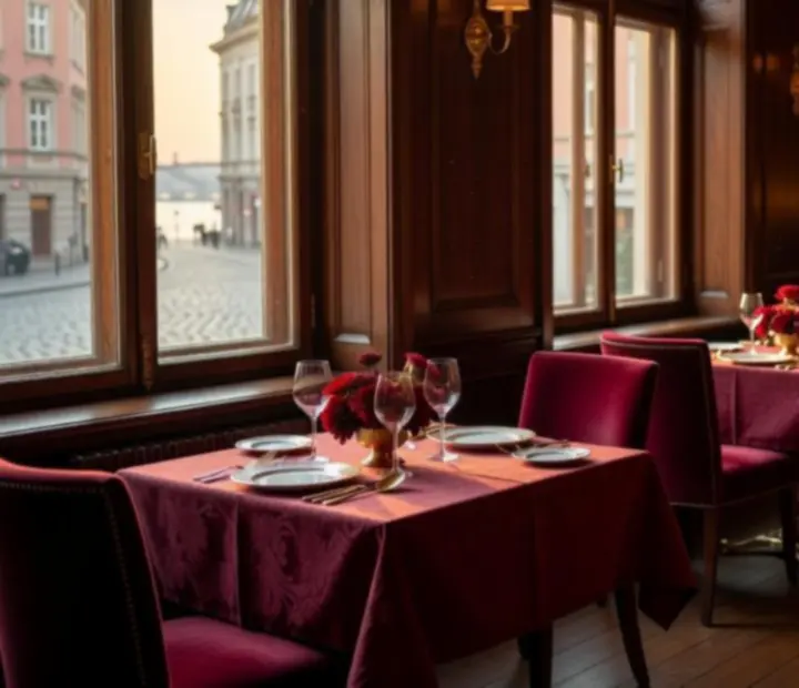 Napfényben fürdő budapesti fine dining étterem enteriőrje, elegáns terítéssel és háttérben intim játék szalon hangulattal.