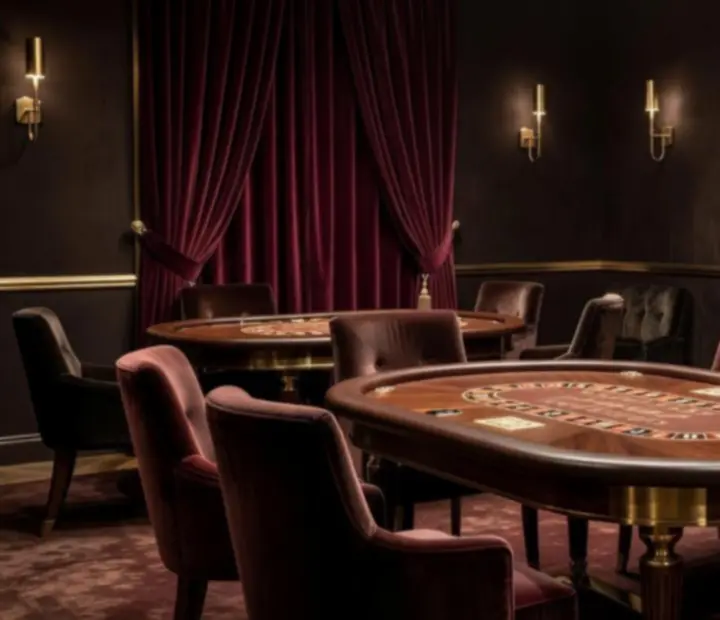 Diszkrét, félhomályos privát casino szalon kézzel készített rulett- és pókerasztalakkal.