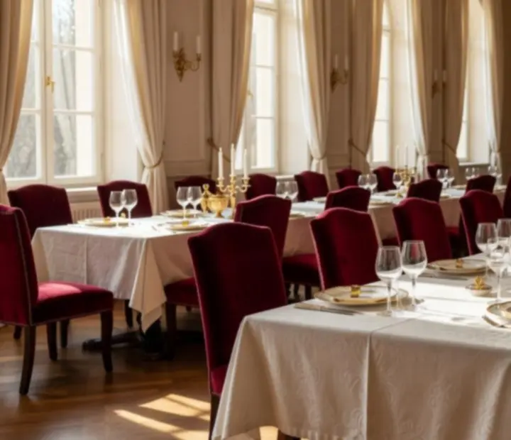 Elegáns, napfényes privát rendezvényterem a Magorivexben finom terítéssel és gyertyafénnyel.