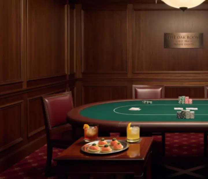 Privát casino szalon berendezve elegáns vacsorához és exkluzív játékesthez