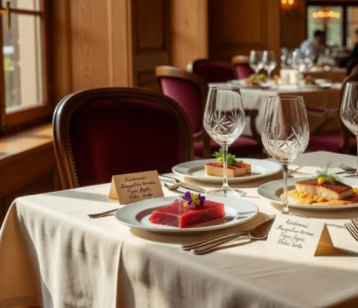 Napfényes fine dining étterem belső tér, elegáns terítéssel és privát kaszinó szalon hangulatvilágítással